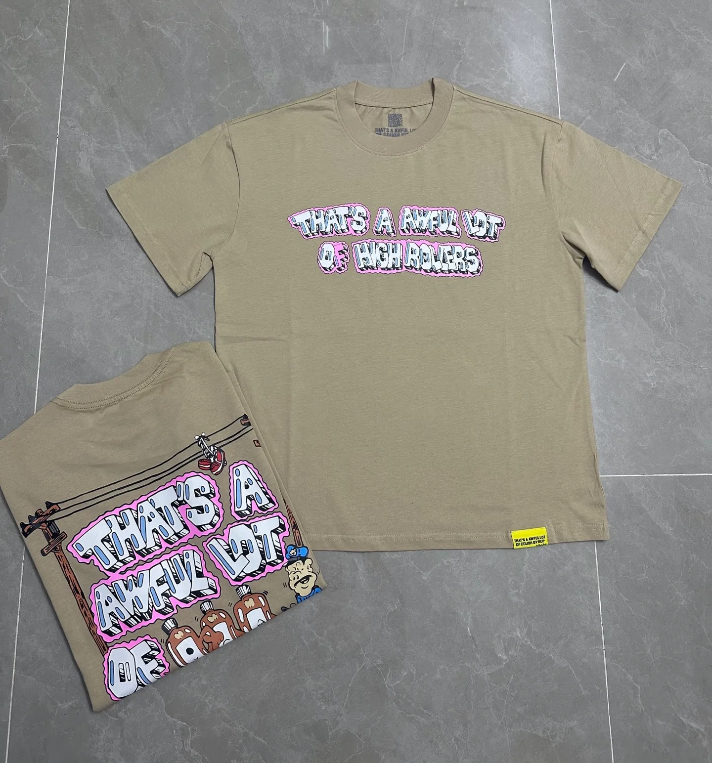 #Khaki color | THAT'S A AWFUL LOT OF COUGH SYRUP In Stock Real shot American simple trendy brand loose casual T-shirt Fabric (fabric): 32 counts Weight combed double yarn pure cotton Sizes (size): S-M L X L Color (colour): Khaki color